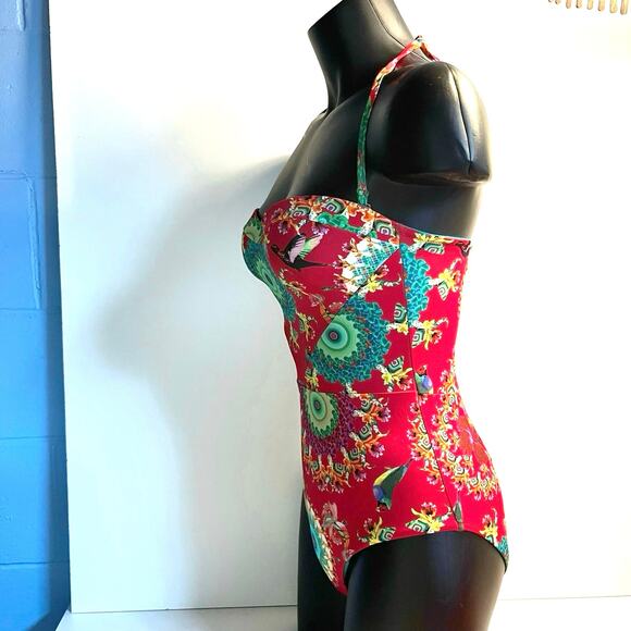 Desigual One Piece Swimsuit Size M Tropical Removable Straps Flowers Birds - Picture 4 of 12